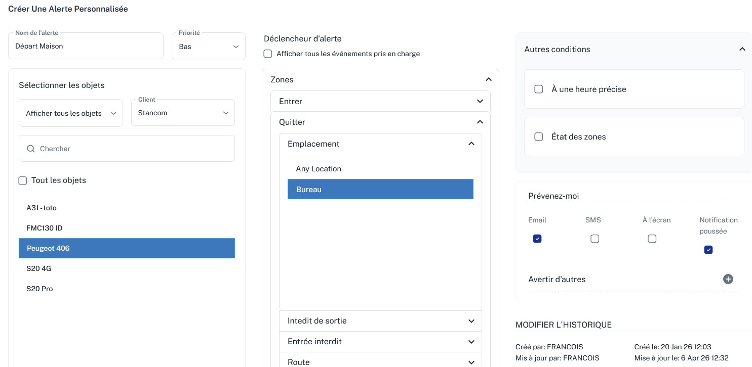 Configuration géofencing véhicule sur interface Geosuivi
