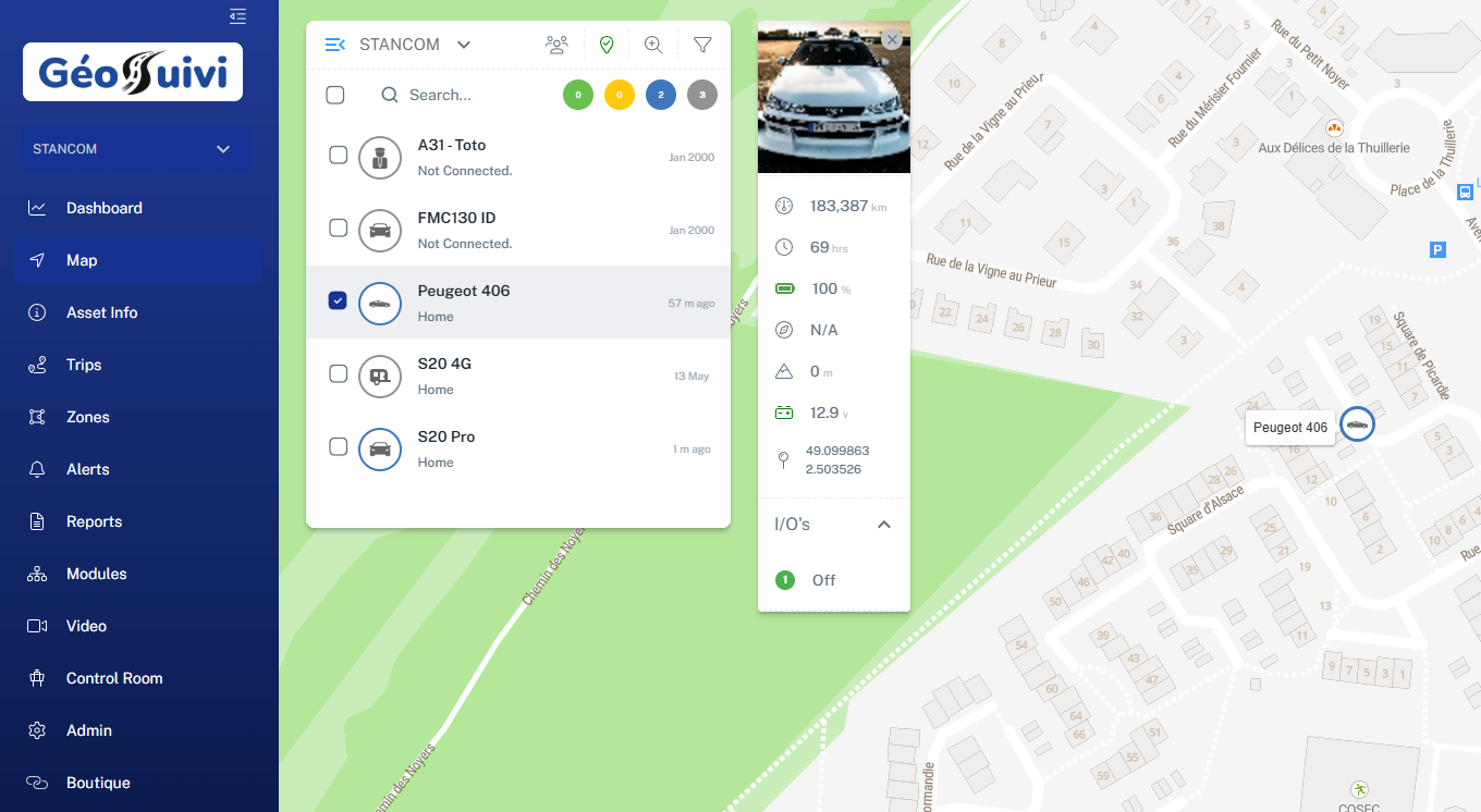 Aperçu de l'interface Geosuivi montrant une carte et des positions en temps réel
