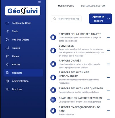 Export rapports GPS flotte PDF CSV – Geosuivi